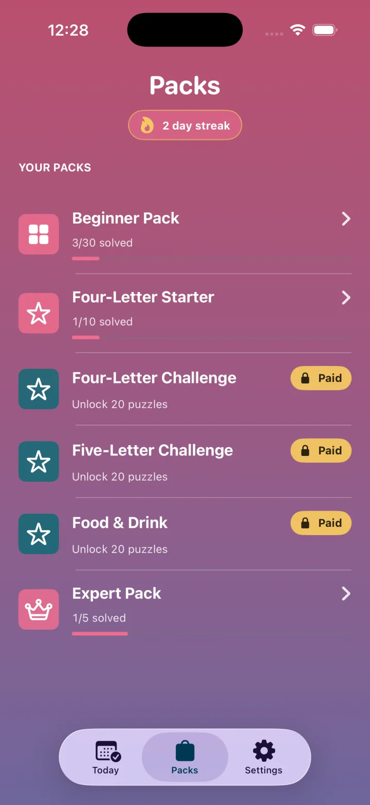 Word Ladder Daily pack browser with free and paid puzzle packs.