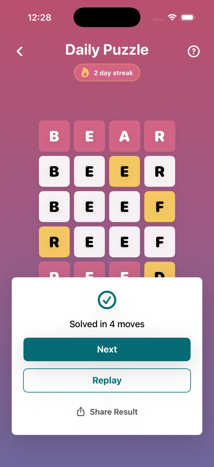 Word Ladder Daily solved puzzle grid from BEAR to REED.